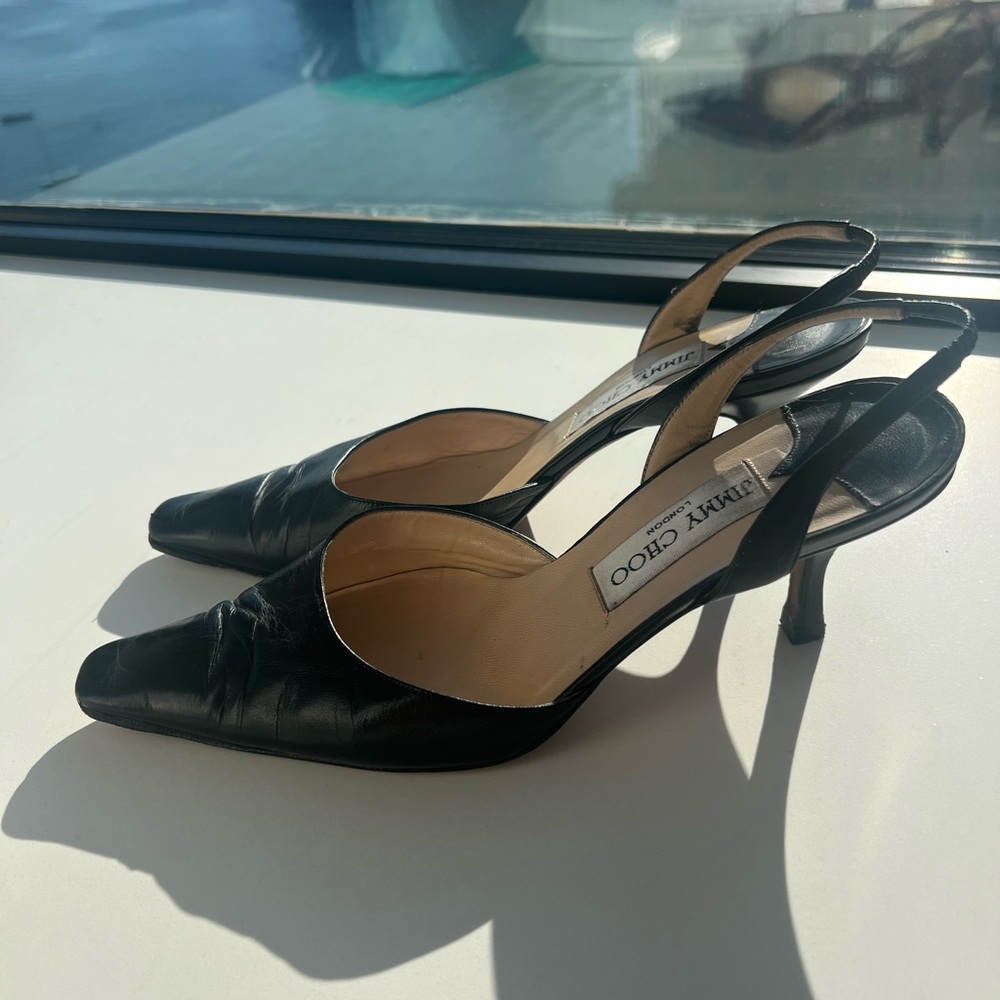 Vintage Jimmy Choo Black Leather Slingback Heels